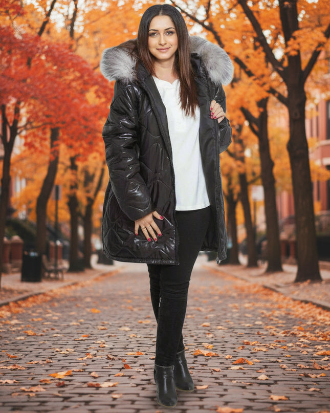 3XL-8XL Черно зимно яке с качулка от естествен косъм в макси размери