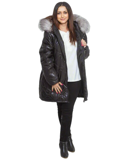 3XL-8XL Черно зимно яке с качулка от естествен косъм в макси размери