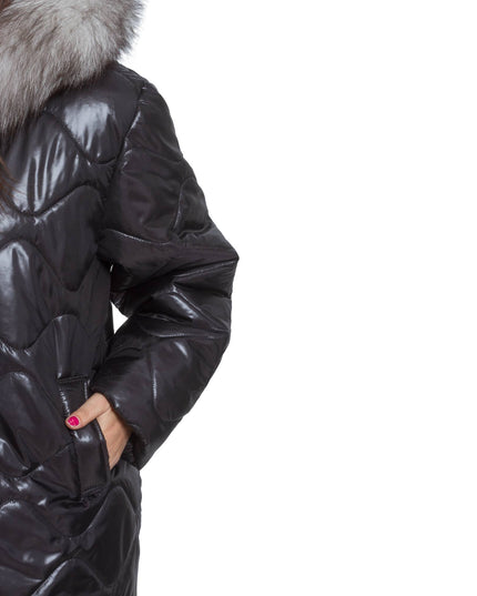 3XL-8XL Черно зимно яке с качулка от естествен косъм в макси размери