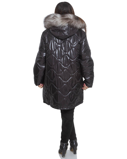 3XL-8XL Черно зимно яке с качулка от естествен косъм в макси размери