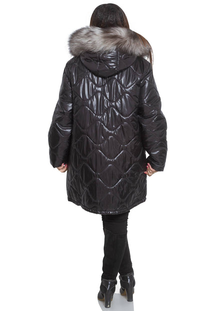 3XL-8XL Черно зимно яке с качулка от естествен косъм в макси размери