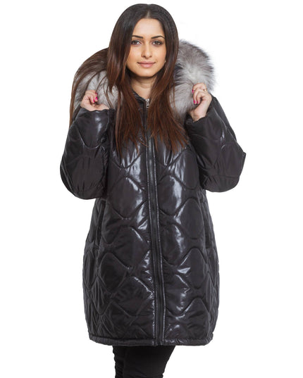 3XL-8XL Черно зимно яке с качулка от естествен косъм в макси размери