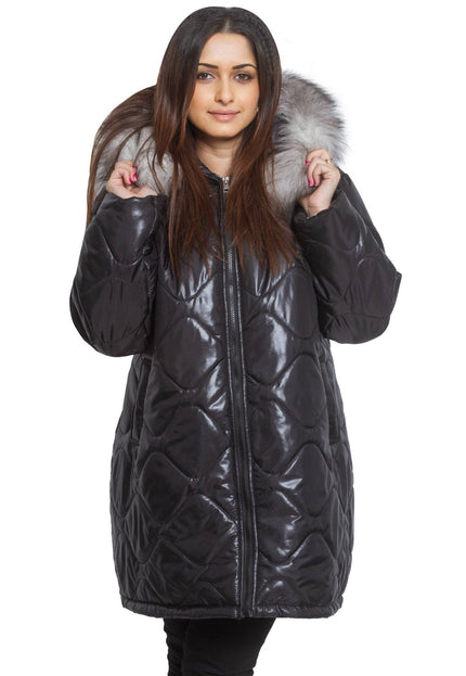 3XL-8XL Черно зимно яке с качулка от естествен косъм в макси размери