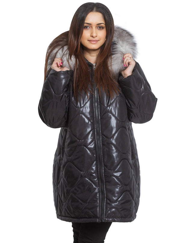 3XL-8XL Черно зимно яке с качулка от естествен косъм в макси размери